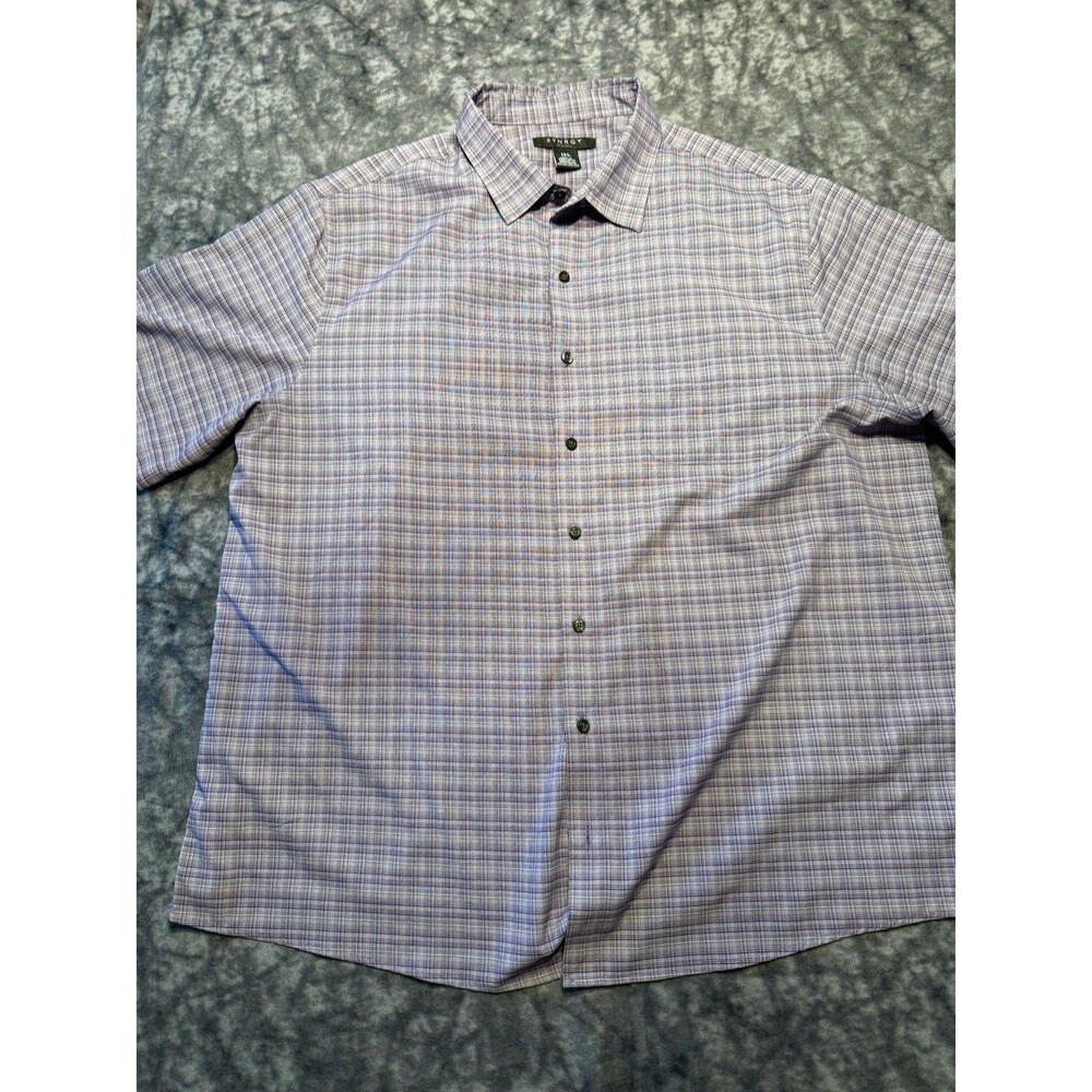 Synrgy Men's Big & Tall 1XL Purple/White Plaid Short Sleeve Button-Up